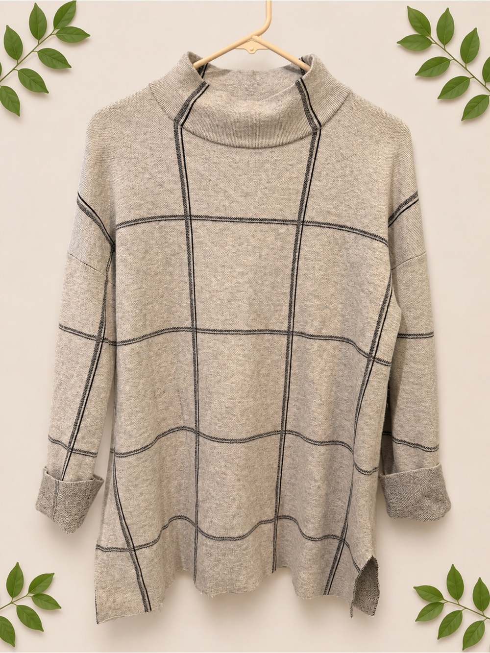 Tahari Beige Windowpane Turtleneck Sweater